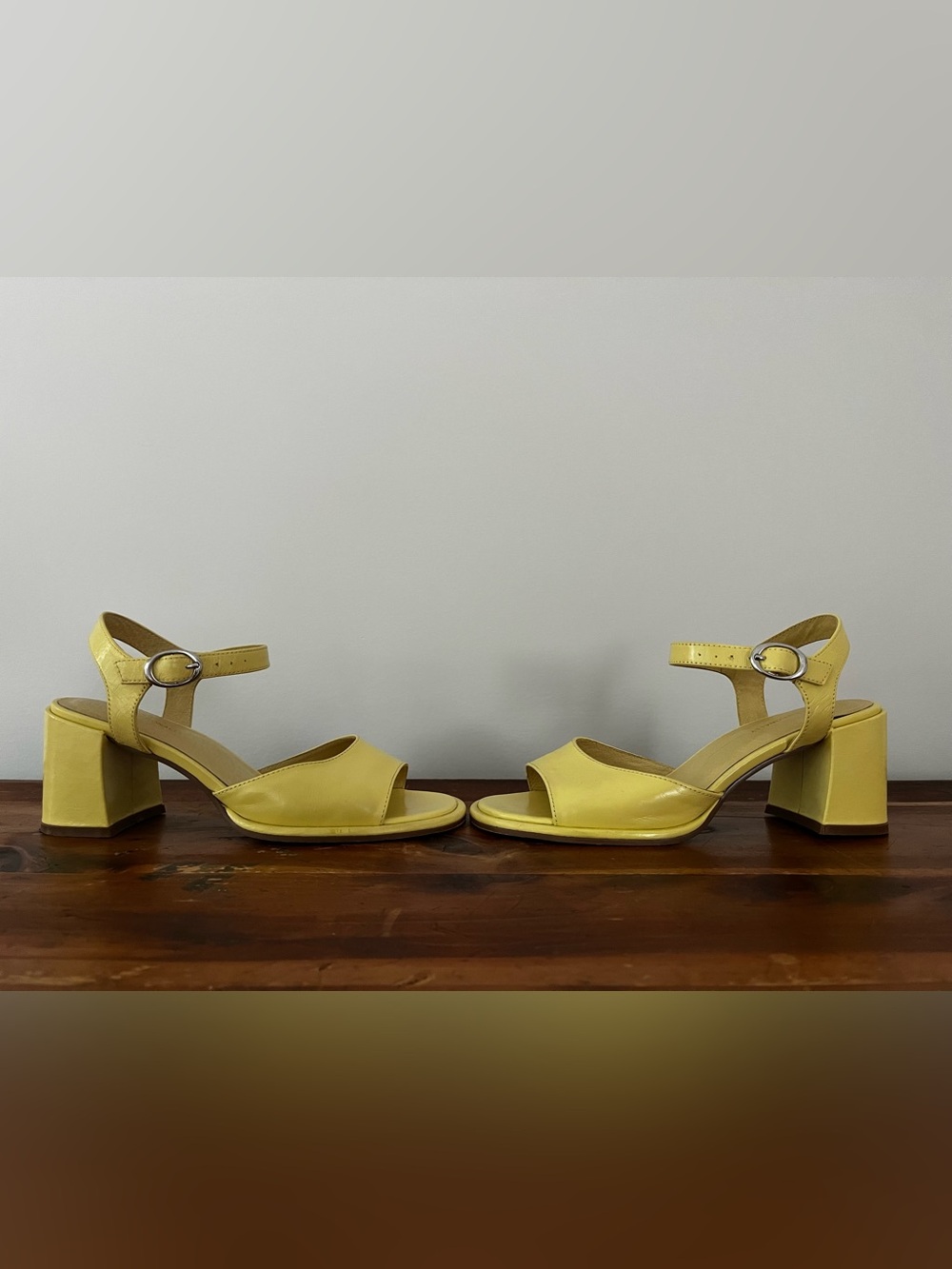INTENTIONALLY BLANK Lemon Yellow Leather Yellow Open-Toe Heeled Sandals